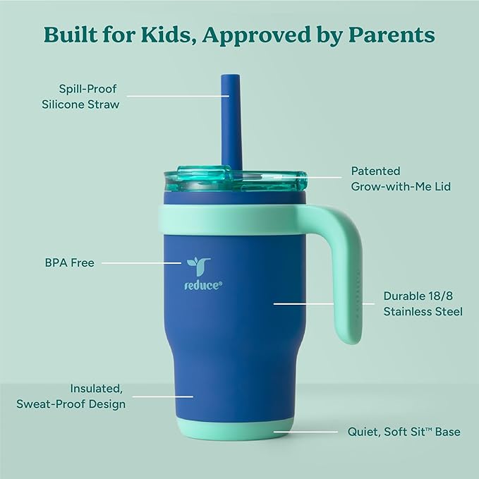 REDUCE 14 Oz Coldee Kids Tumbler with Lid and Straw - Coldee Insulated Travel Mug - Spill-Proof, Sweatproof Stainless Steel, BPA-Free - Includes Handle, Reusable Silicone Straw - Nautical Mist - Bloomnest