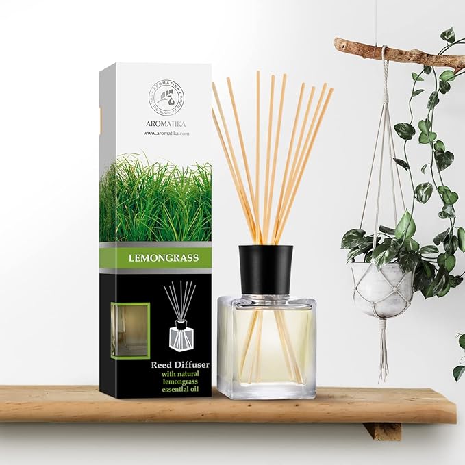 Room Fragrance Diffuser Lemongrass 6.8 Fl Oz - 200ml - with Bamboo Sticks - with Pure & Natural Lemongrass Essential Oil - Intensive Room Scent - Diffuser Gift Set - Bloomnest