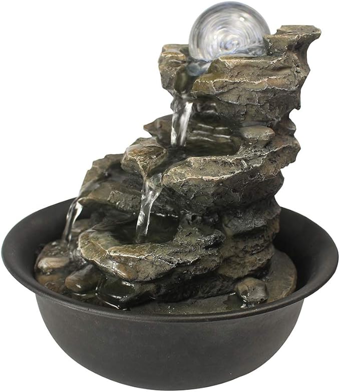 8.3" High 4-Tier Cascading Rock Falls Tabletop Water Fountain with LED Light & Spinning Ball - Indoor Small Waterfall Feature for Office, Home and Bedroom Desktop Decor Dark Grey - Bloomnest