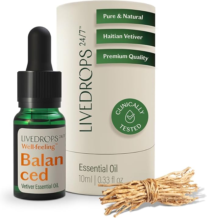 LIVEDROPS 24/7 Balanced Vetiver Essential Oil, Natural Vegan Aromatherapy for Diffuser or Diluted Skin Use, Earthy Woody Scent, Origin Haiti, Made in USA, Clinically Tested, 10ml - Bloomnest