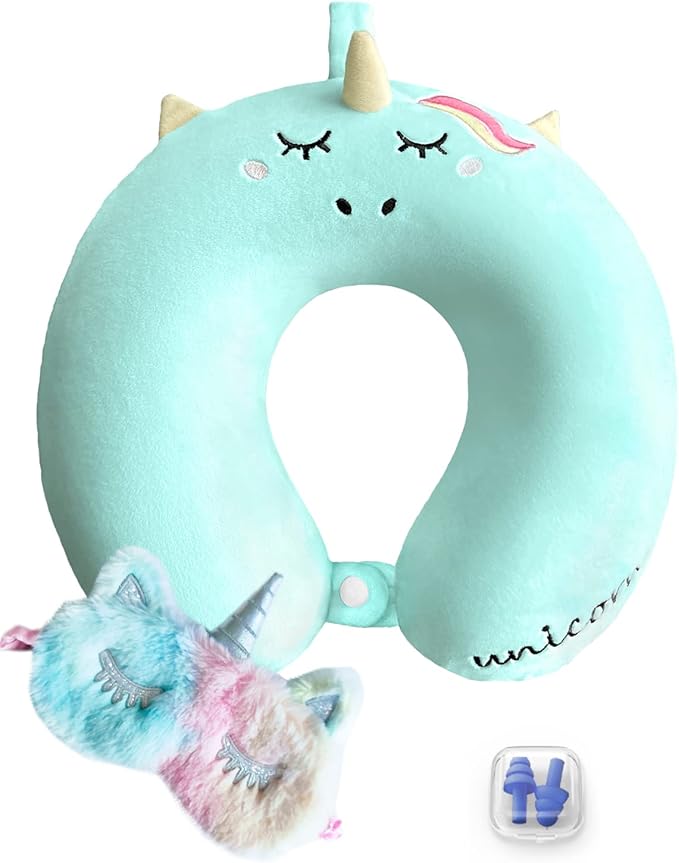 Neck Travel Pillow for Kids, Unicorn Airplane Memory Foam Pillow with Cute Sleep Mask & Earplugs, Lightweight Travelling Sleeping Pillow Set for Car, Train, Bus and Home Use (Blue) - Bloomnest