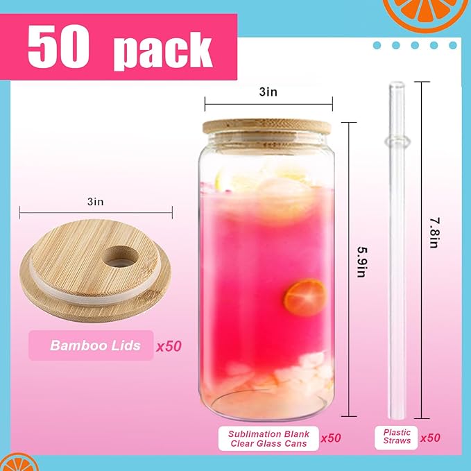 Sublimation Glass Cups Blanks with Bamboo Lids and Straws 50 Set 16 oz Reusable Iced Coffee Cup Beer Can Drinking Glasses, Cute Tumbler Cup for Smoothie Whiskey Boba Soda Tea Water - Bloomnest