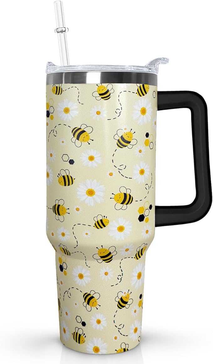Ceovfoi Bee Gifts, 40oz Tumbler With Handle, Lid and Straw - Queen Coffee Mug, Skinny Water Bottle - Honey Themed Gifts for Women, Daisy Flowers Decor - Bloomnest