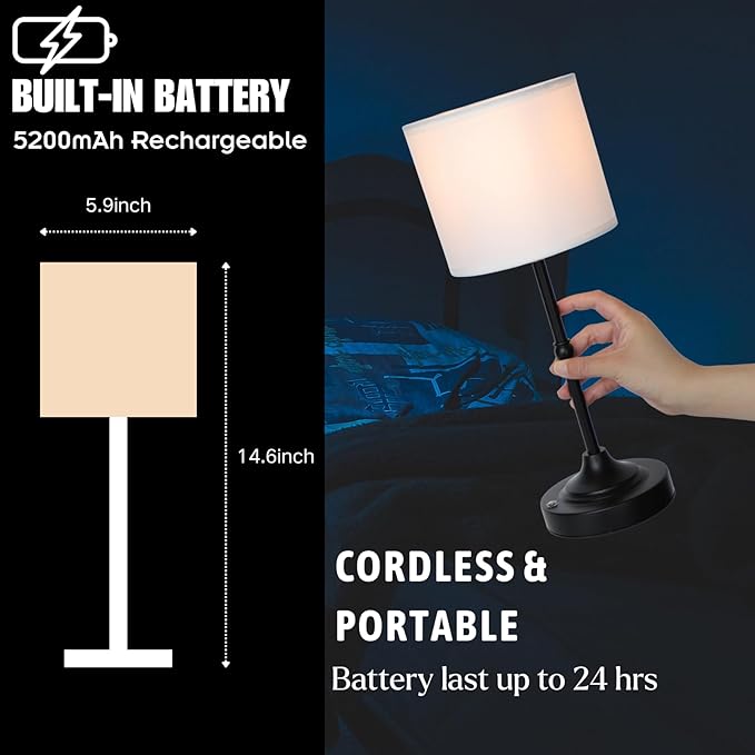 Portable Cordless Table Lamp,Built-in 5200mAH Rechargeable Battery, Dimmable Touch Wireless Light, Bed Side Metal Desk Lamp，Restaurant/Bedroom/Bar/Coffee/Night Light (Blcak) - Bloomnest
