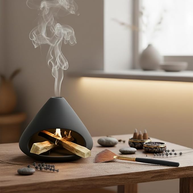 Palo Santo Holder Incense Burner, Sage Sticks Holder, Zongzi Clay Smudge Bowl with Chimney, Mini Cone Ceramic Fireplace for Cedar, Yoga, Sleep, Home Decor, Anxiety Relief Meditation for Women (Black) DIDIBIRD