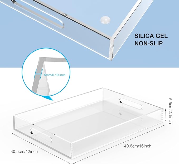 Acrylic Serving Trays with Handles, 16"x 12" Rectangle Sturdy Breakfast Tray, Clear Decorative Trays Organiser for Bedroom, Kitchen, Living Room, Bathroom, Hospital and Outdoors - Bloomnest
