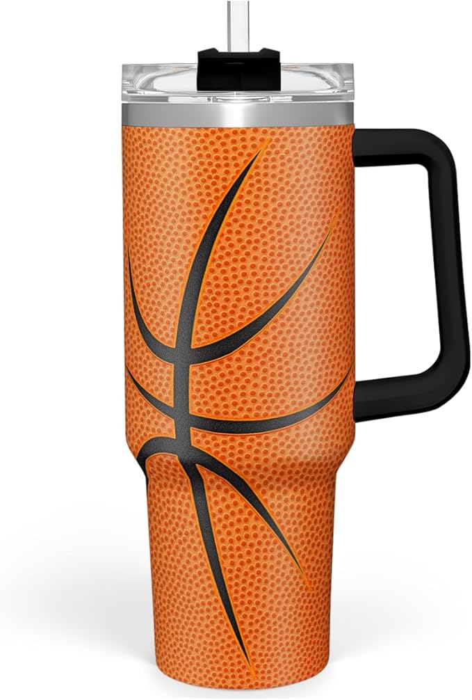 SANDJEST Basketball Tumbler with Handle 40oz Lid & Straw, Insulated Coffee Cup Gifts for Men Boys Players, Christmas Birthday - Bloomnest