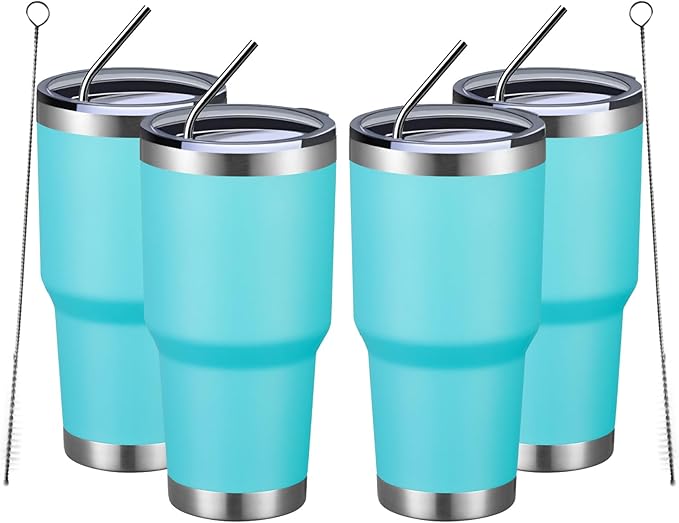 MEWAY 30oz Insulated Tumbler With Lids and Straws,Stainless Steel Double Vacuum Coffee Tumbler Cup, Brush, Durable Powder Coated Coffee Cup for Cold & Hot Drinks, Office, Travel(Light Blue,4 PACK) - Bloomnest