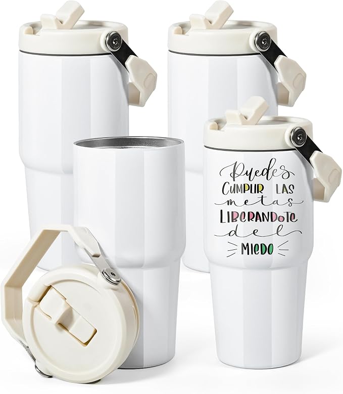 AGH 4 Pack 20 oz Sublimation White Tumblers with Handle & Straw, Double Wall Stainless Steel Vacuum Insulated Cups with Filp Lid, Leak-Proof Travel Mug for Hot/Cold Drinks - Bloomnest