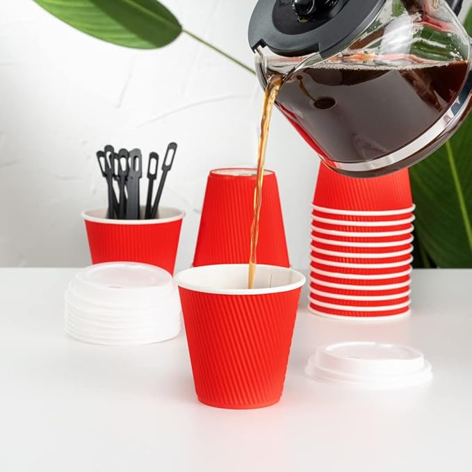 Restaurantware 8 Ounce Double Wall Disposable Coffee Cups, 500 Insulated Red Paper Tumblers with Ripple Wall Design, Lids Sold Separately for Hot Drinks like Tea, Hot Chocolate, and More - Bloomnest