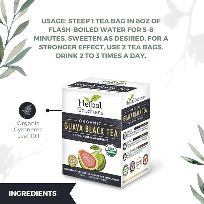 Guava Leaf Black Tea - Guava Leaves Herbal Tea Bags For Health, Immune Boost & Sleep |Hojas De Guayaba| Oral Health, Skin Health And Immune Support -24 Bags - Herbal Goodness. - Bloomnest