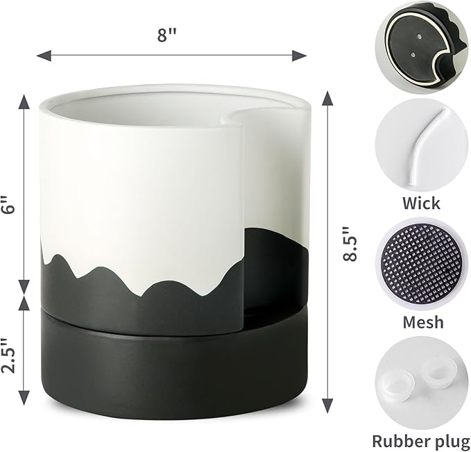 Nihow Self Watering Plant Pot: 8 Inch Ceramic Planter with Drainage Hole & Water Storage Plus for Indoor & Outdoor Plants - Cylinder Round Flower Pot for Succulent/Herbs/Violets - White & Wave Black - Bloomnest