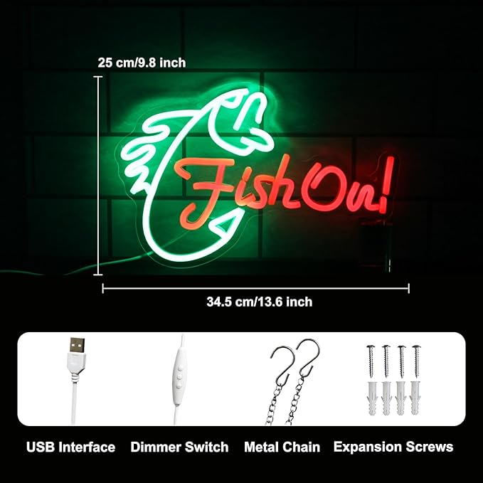 Fish On Neon Sign Go Fishing LED Signs for Wall Green Red Neon Light Dimmable Neon Lights Signs Fish Neon Light Up Sign for Bedroom Living Room Man Cave Yacht Decor Men Gifts - Bloomnest