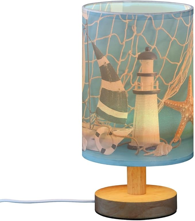 Table Lamp Nautical Sailboat Lighthouse Starfish Seashell Fishnet Blue Wood Nightstand Lamp with Wood Base Fabric Lamp Shade Bedside Desk Lamp for Living Room Bedroom Kids Room Office - Bloomnest