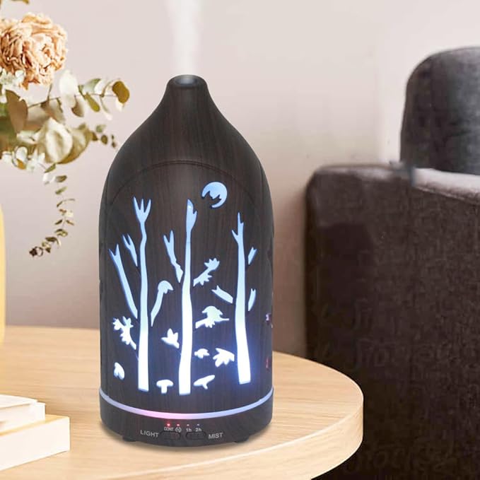 Essential Oil Diffuser,7.1''x3.5'' Air Diffusers with 3 Aromatherapy Oils Set,Small 200ml Humidifier with 7 LED Colors Lights,Waterless Auto-Off for Desk Office Home Decor Gift(Tree Dark Wood Grain) - Bloomnest