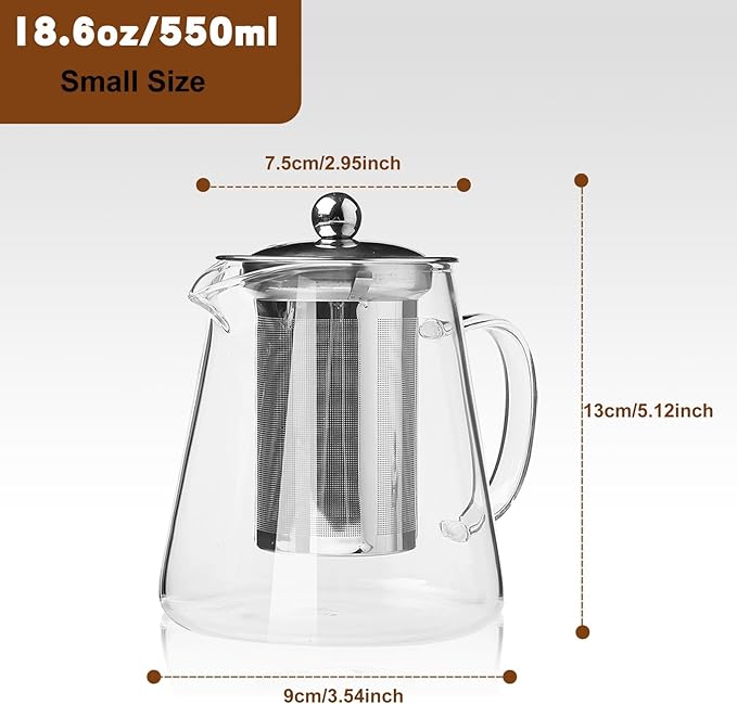 Glass Teapot, Tea Pot with Removable Infusers for Loose Tea, Borosilicate Glass Tea Kettle Tea Maker Stovetop for Party, Camping,Travel (550ML) - Bloomnest