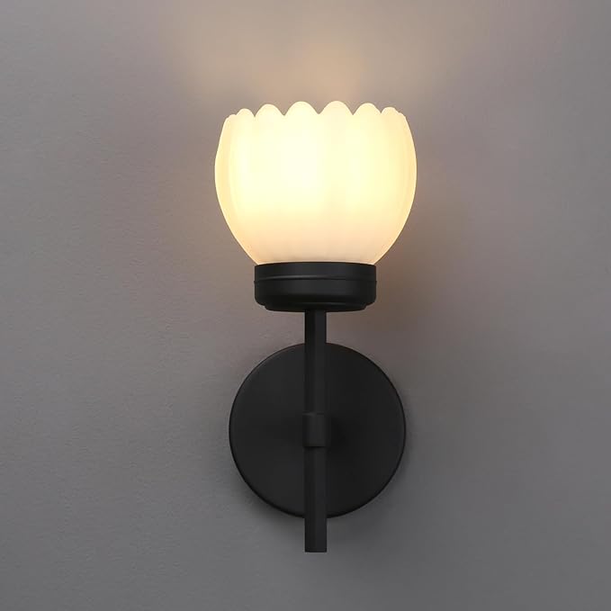 Yosoan Brass Boho Indoor Vintage Wall Sconce Set of 2, Modern Vanity Finished Industrial Hardwired Wall Mounted with Milk Transparent Tulip Flower Shade for Living Room Bedroom Kitchen Hallway(Black) - Bloomnest