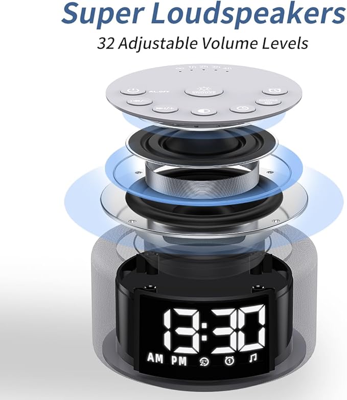 【3 in 1】 Sound Machine Alarm Clock Night Light White Noise Machine with 27 Sleeping Sounds for Baby Kids Adults 32 Level Volume Auto Off Timer Memory Function Digital Clock with 30 Wake Up Sounds - Bloomnest