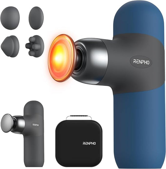 RENPHO Mini Thermal Massage Gun with Heat, Christmas Birthday Gifts for Women Men, Portable Deep Tissue Percussion Massager, Color Silicone Sleeves Travel Size with Carry Case, Aegean Blue - Bloomnest