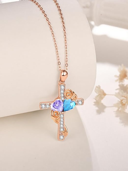 Rose Gold Dual Birthstones Cross Necklace for Women Rose Flower Jewelry Anniversary Christmas Mother's Valentine's Day Birthday Gift for Wife Girlfriend Mom - Bloomnest