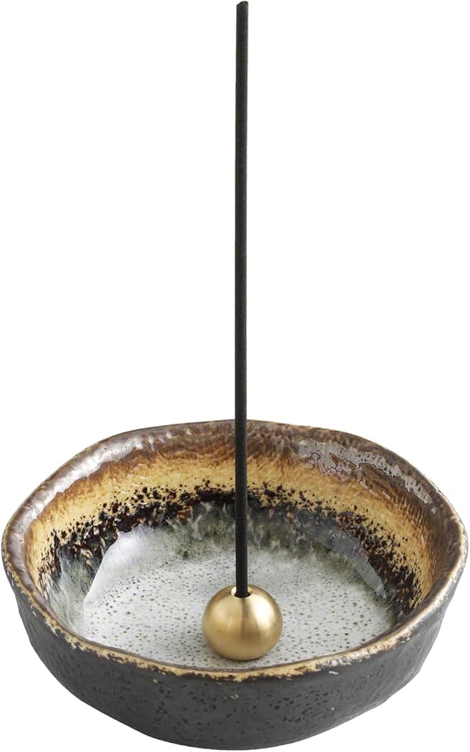 Asayu Japan Small Mini Incense Holder for Sticks 3.3 inch (83mm), Made in Japan Ceramic Ash Catcher & Brass Incense Burner Set for Relaxation, Yoga - Small Mini Traditional Japan Incense Holder - Bloomnest