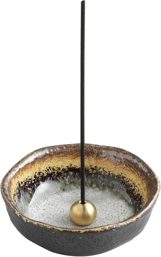 Asayu Japan Small Mini Incense Holder for Sticks 3.3 inch (83mm), Made in Japan Ceramic Ash Catcher & Brass Incense Burner Set for Relaxation, Yoga - Small Mini Traditional Japan Incense Holder - Bloomnest
