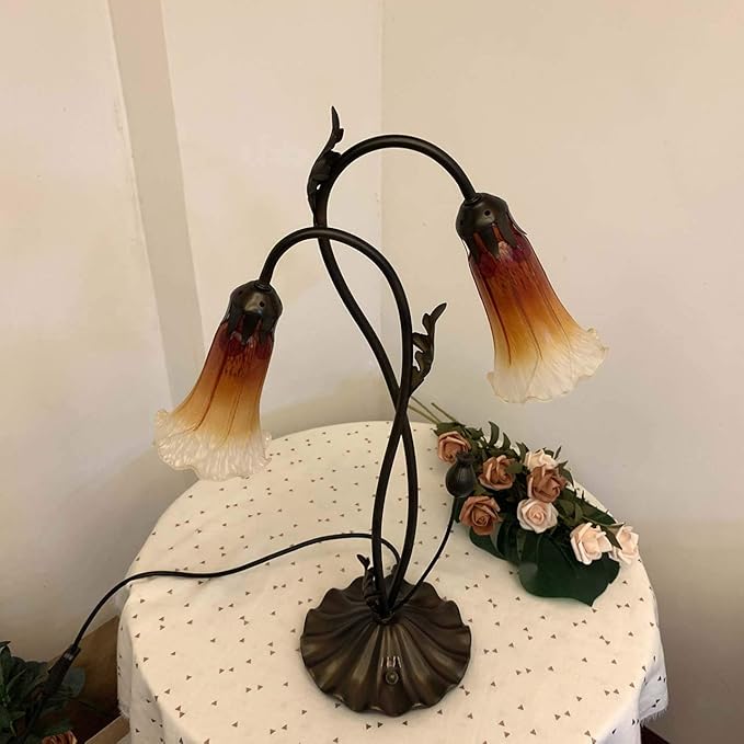 Bieye L10698 Lily Flower Blown Glass Accent Table Lamp for Living Room Bedroom Decoration (2-Light, Orange) - Bloomnest