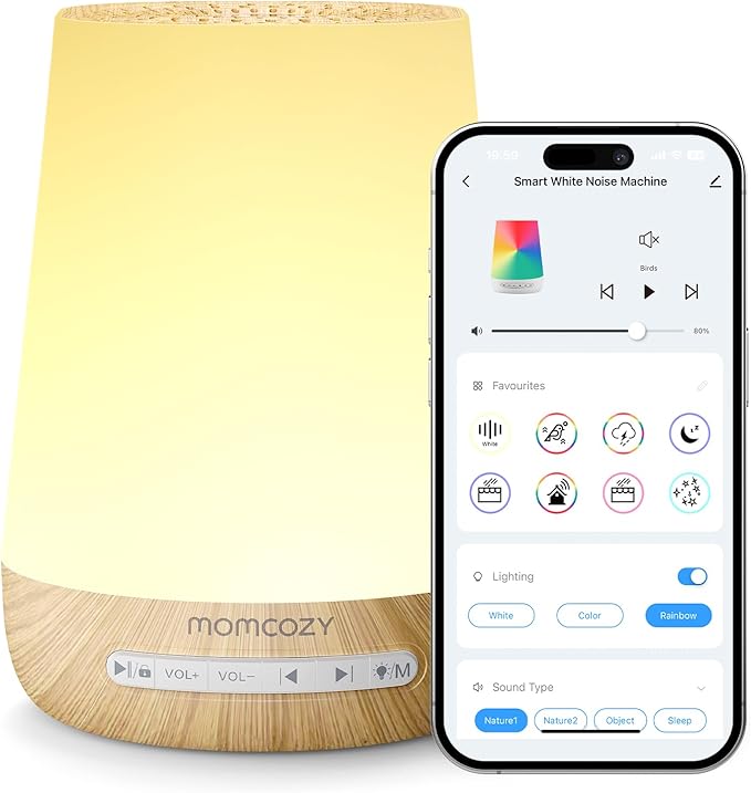 Baby Sound Machine, Momcozy White Noise Machine for Baby Sleeping with Night Light, Toddler Sleep Trainer with 34 Soothing Sounds, Timer, App Remote Control, Personal Sleep Routine(Wood Grain) - Bloomnest