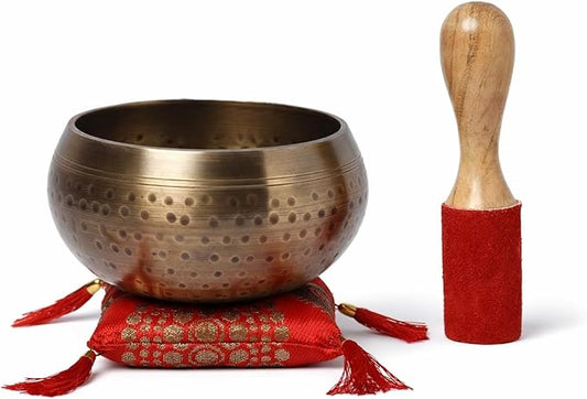 Tibetan Singing Bowl Set with Cushion & Mallet – Handmade Meditation Sound Bowl for Yoga, Healing, Mindfulness & Chakra Balancing (Brass, 4 Inch) KPAVIR