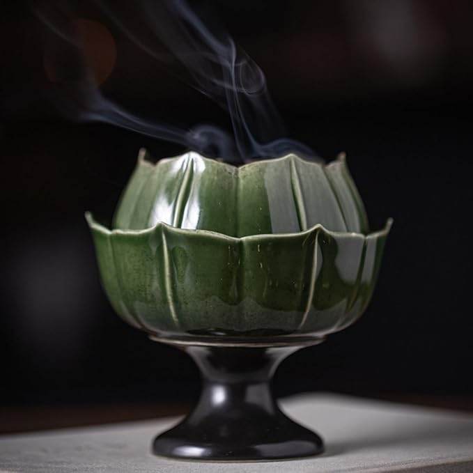 Ceramic Incense Holder with Lid,Lotus Incense Cone Holder for Coil Incense and Powder Incense,Mediation Gift,Home Decor (Deep Green) - Bloomnest