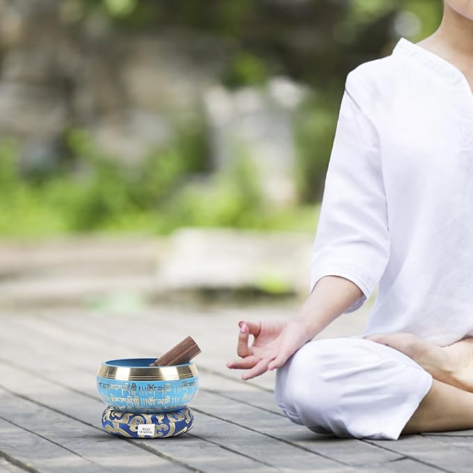Kmise Tibetan Singing Bowls Set- Handmade in Nepal Meditation Sound Bowls for Yoga, Meditation, Mindfulness, Healing and Chakra Balancing, Stress Relief (5', Blue) - Bloomnest