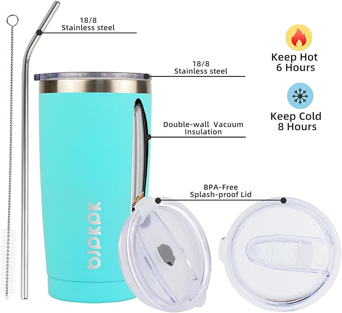 BJPKPK 20 oz Tumbler With Lid And Straw Stainless Steel Ice Coffee Tumblers Vacuum Insulated Travel Thermal Cup,Turquoise - Bloomnest
