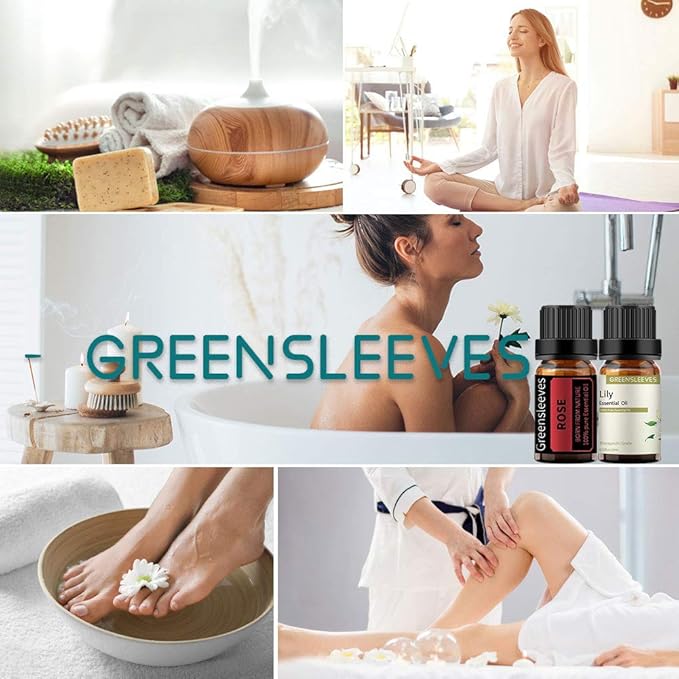 GREENSLEEVES Rose and Lily Essential Oil Set, 100% Pure Oils for Diffuser, Humidifier, Massage - 2 x 10ml GREENSLEEVES