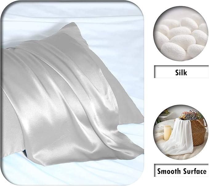 Silk Pillow Cases 2 Pack,Soft Breathable and Sliky Queen Size Pillow Cases Set of 2,Natural Mulberry Silk Pillowcase Set of 2 for Hair and Skin with Hidden Zipper (Silver Grey,20"X 30",2pcs) - Bloomnest