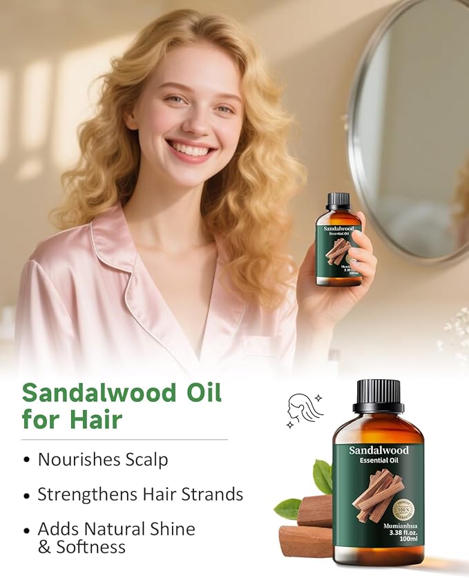 Pure Sandalwood Essential Oil, Mumianhua Natural Sandalwood Oil for Diffuser Aromatherapy, Skin, Hair, Massage, Candle, Soap Making, Evening Meditation, Calm Connection, Woody Grounding 3.38 Fl Oz - Bloomnest