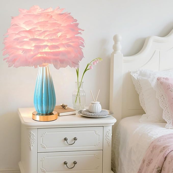 Pink Feather Table Lamp Creative Bedside Feather Lamp Simple Goose Furry Nightstand Light Fluffy Desk Lighting for Girl Bedroom Living Room Decoration Wedding Romantic Atmosphere - Bloomnest