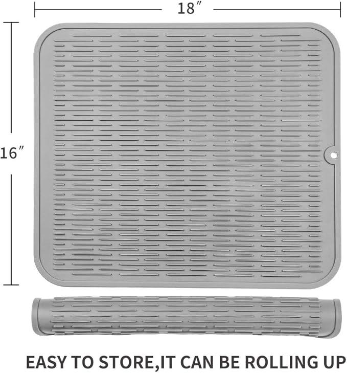 Silicone Dish Drying Mat for Multiple Usage,Easy clean,Eco-friendly,Heat-resistant Silicone Mat for Kitchen Counter or Sink,Refrigerator or Drawer Liner Grey XL 18 inches x 16 inches - Bloomnest