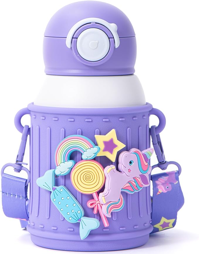 Kids Insulated Tumbler Set – 16oz Stainless Steel Water Bottle with Straw & Pour Lids, Screw-On Cup, Adjustable Strap, Silicone Sleeve & Charms – Leakproof BPA-Free Bottle for Boys & Girls - Bloomnest