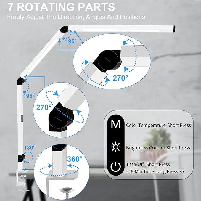 Micomlan LED Desk Lamp for Home Office, Architect Clamp Desk Lamp with Remote Control, Adjustable Dimmable Swing Arm Clamp on Table Light Clip-on Dual Light 5 Brightness Levels & 4 CCT Modes - Bloomnest