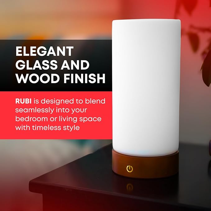 Rubi Red Light Therapy Lamp – 670nm Wavelength for Natural Sleep, Relaxation & Wellness | Adjustable Brightness for Bedroom Light | Elegant Glass & Wood Design | One-Touch Lamp Switch - Bloomnest