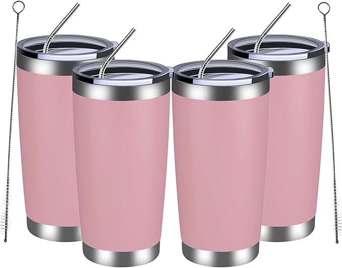 MEWAY 20oz Tumbler 4 Pack Double Wall Vacuum Insulated Travel Mug Bulk, Stainless Steel Tumblers with Lid and Straw, Durable Powder Coated Coffee Cups for Cold & Hot Drinks (Pink, 4) - Bloomnest