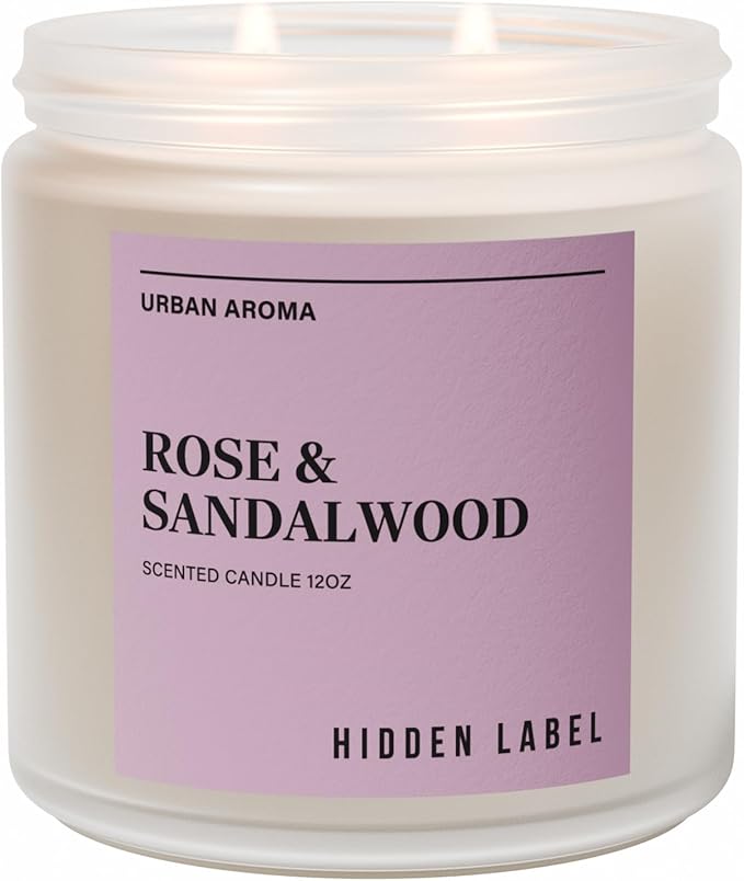 Hidden Label Rose & Sandalwood Scented Candle, 12oz 2 Wick Natural Soy Non Toxic Candles, Clean Burning Long Lasting Aromatherapy for Home | Gifts | Décor,Premium Scents for Relaxation & Stress Relief - Bloomnest
