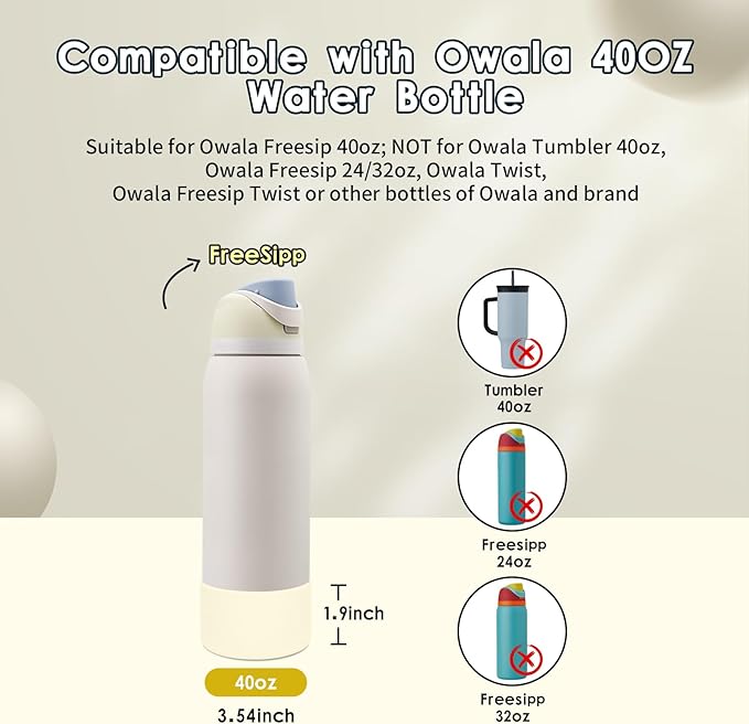2PCS Silicone Water Bottle Boot, Compatible with Owala 24oz 32oz 40oz, Protective Anti-Scratch & Anti-Dent No Noise Sleeve Cover for FreeSip/Twist/Flip Water Bottles (Cream White, 40oz) BKBY