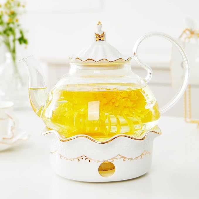 DUJUST Blooming Tea Pot Set, Luxury British Design with Relief Decor & Gold Trims, Hand-Crafted Clear Teapot with Warmer, 40oz Glass Teapot with Infuser, Stove-Safe Tea Party Gift & Home Décor - Bloomnest