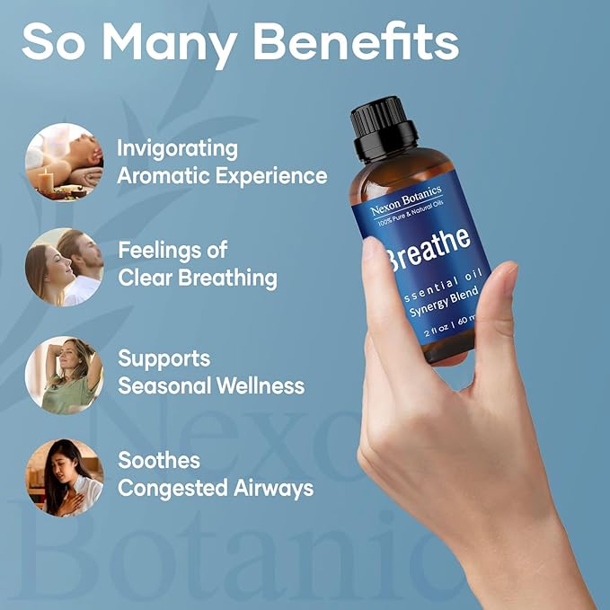 Breathe Essential Oil Blend 60 ml - Breath Sinus Relief with Menthol Oils - for Humidifiers, Diffusers, and Aromatherapy - Nexon Botanics NexonBotanics