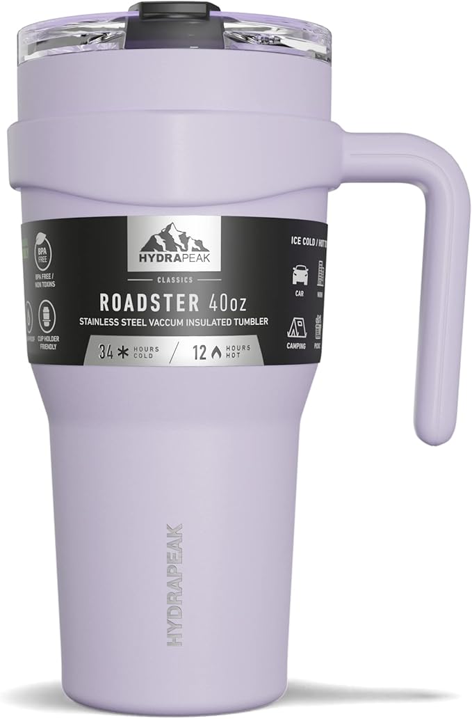 Hydrapeak Roadster 40oz Stainless Steel Tumbler Double Wall Vacuum Insulated Water Bottle With Handle And 2 in 1 Straw Lid (Lavender) - Bloomnest
