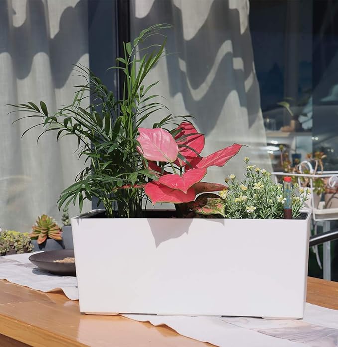 SAROSORA 14" Rectangle Self Watering Planter with Water Level Indicators for Plants & Flower Home Garden Outdoor Indoor Succulent | Herb pots | Window Box (1, White) - Bloomnest