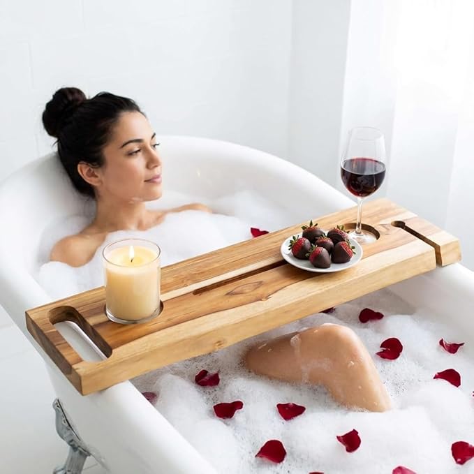 EcoDecors Eleganto 30" Live Edge Solid Teak Bath Caddy Tray with Handle, Book & Tablet Holder, Wine Glass Holders, Luxury Bathtub Tray - Bloomnest