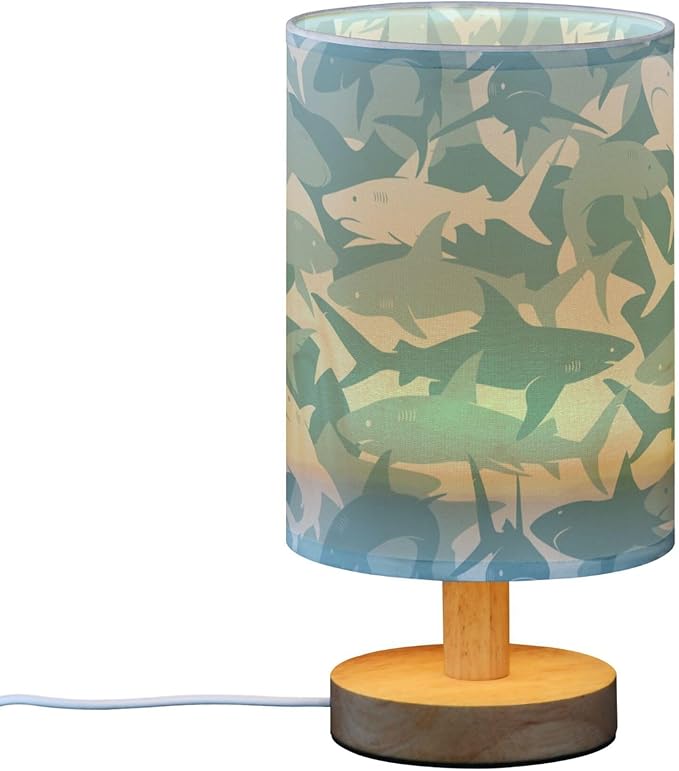 Table Lamp Blue Shark Pattern Marine Animal Nightstand Lamp with Wood Base Fabric Lamp Shade Bedside Desk Lamp for Living Room Bedroom Kids Room Office - Bloomnest