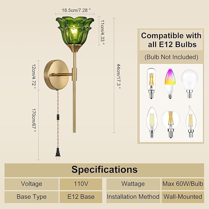 2 Pack Plug in Gold Wall Sconce with Green Glass Shades, Modern Mid Century Bathroom Vanity Wall Light Fixtures, Industrial Brushed Brass Wall Lamp, for Bedroom Mirror Living Room, ETL Listed - Bloomnest